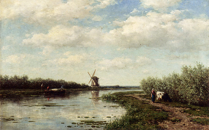 Figures On A Country Road Along A Waterway, A Windmill In The Distance

Painting Reproductions