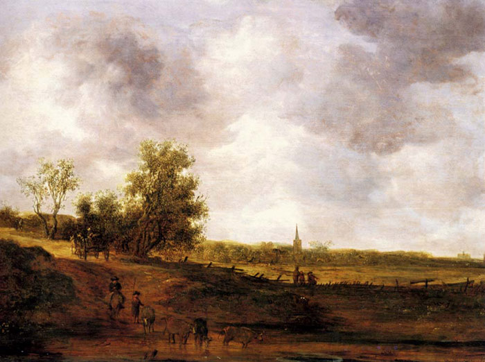 A rural landscape with peasants and a drover by a track, a village beyond

Painting Reproductions