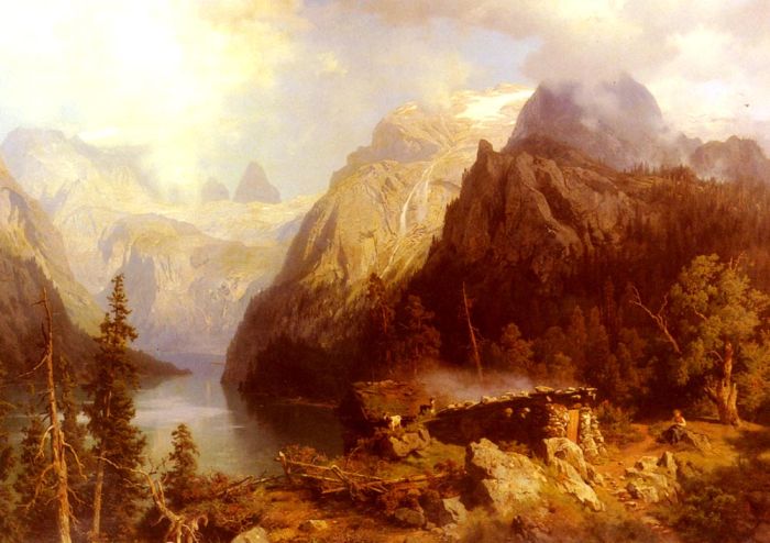 A Shepherdess and Sheep resting by a Lake in an Alpine Landscape

Painting Reproductions